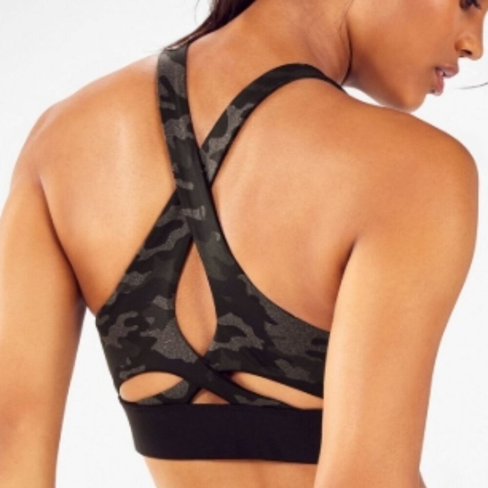 Fabletics Ella High Impact Zip Front Sports Bra M Charcoal Grey Camo/Black